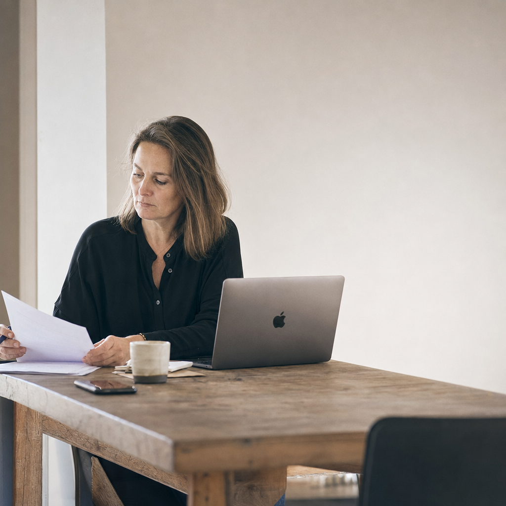 An Australian small-business owner reviewing her paperwork at her desk